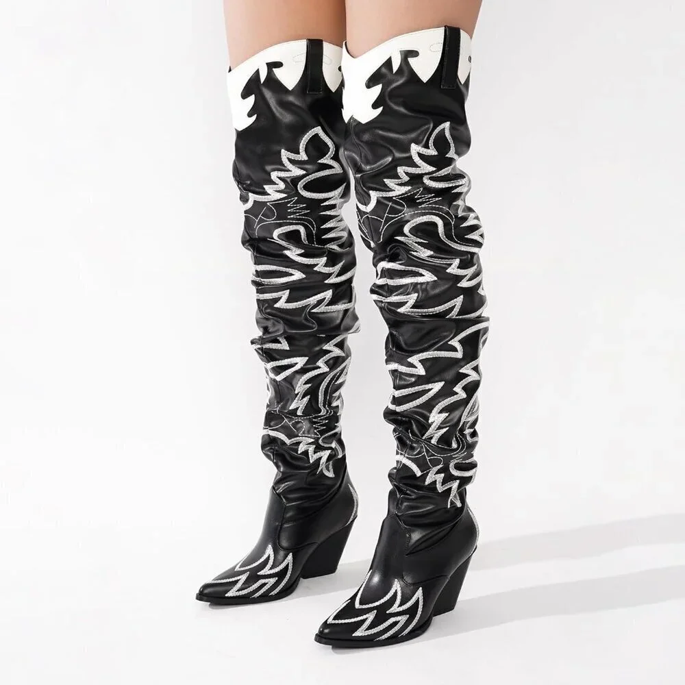 Women Pu Black Faux Leather Over The Knee Cowgirl Chunky Block Heel Fashion Boot